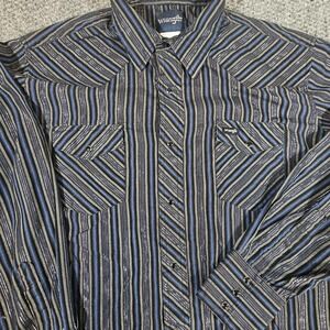 Wrangler Shirt Mens XL Pearl‎ Snap Western Black Shiny Striped Long Sleeve